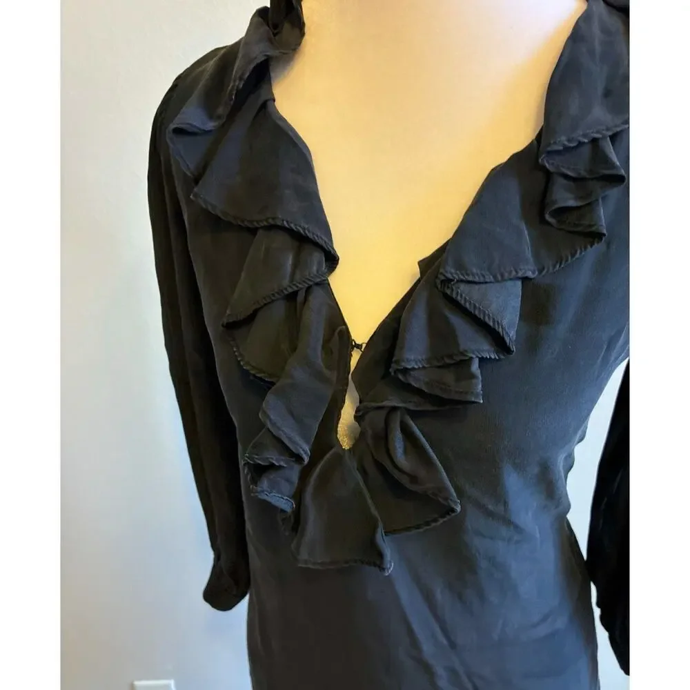VTG 90s Black Silk Dress Ruffle Collar Whimsygoth Steampunk Vamp Dark Fairy S